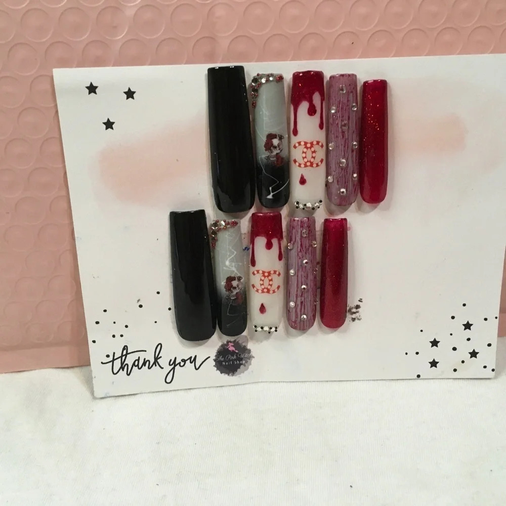 Press on nails hand painted and designed with red black and white - Picture 2 of 2